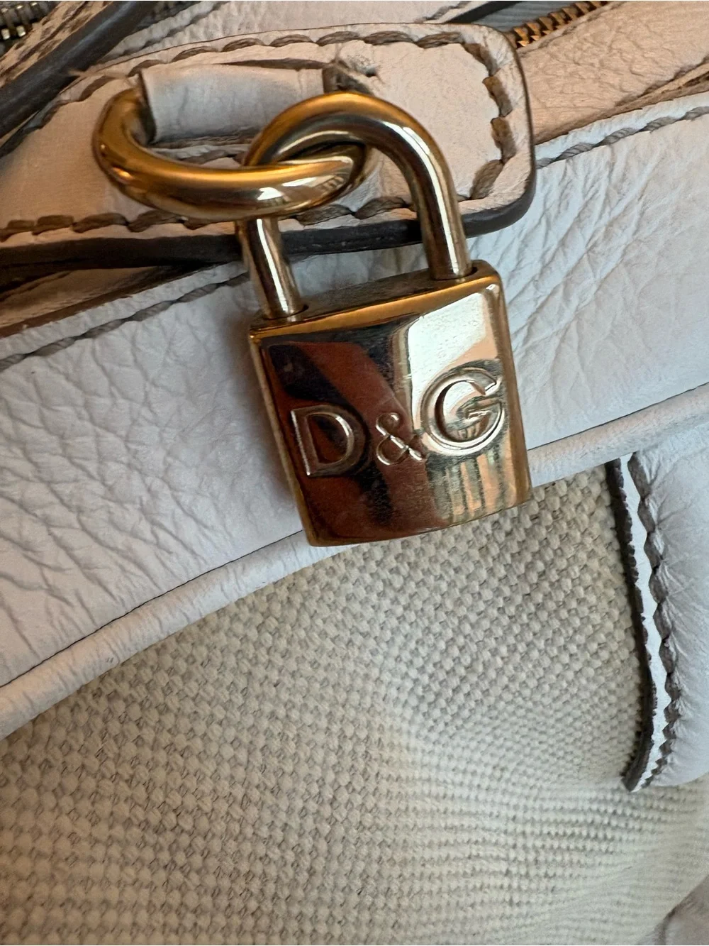 Dolce & Gabbana Beige Canvas Satchel with White Leather Trim and Gold Hardware